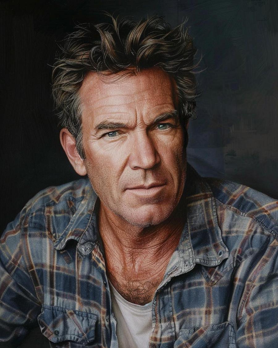 How Did Dennis Quaid Build His Wealth? Dennis Quaid smirking, infographic on how he built his networth, financial icons background.