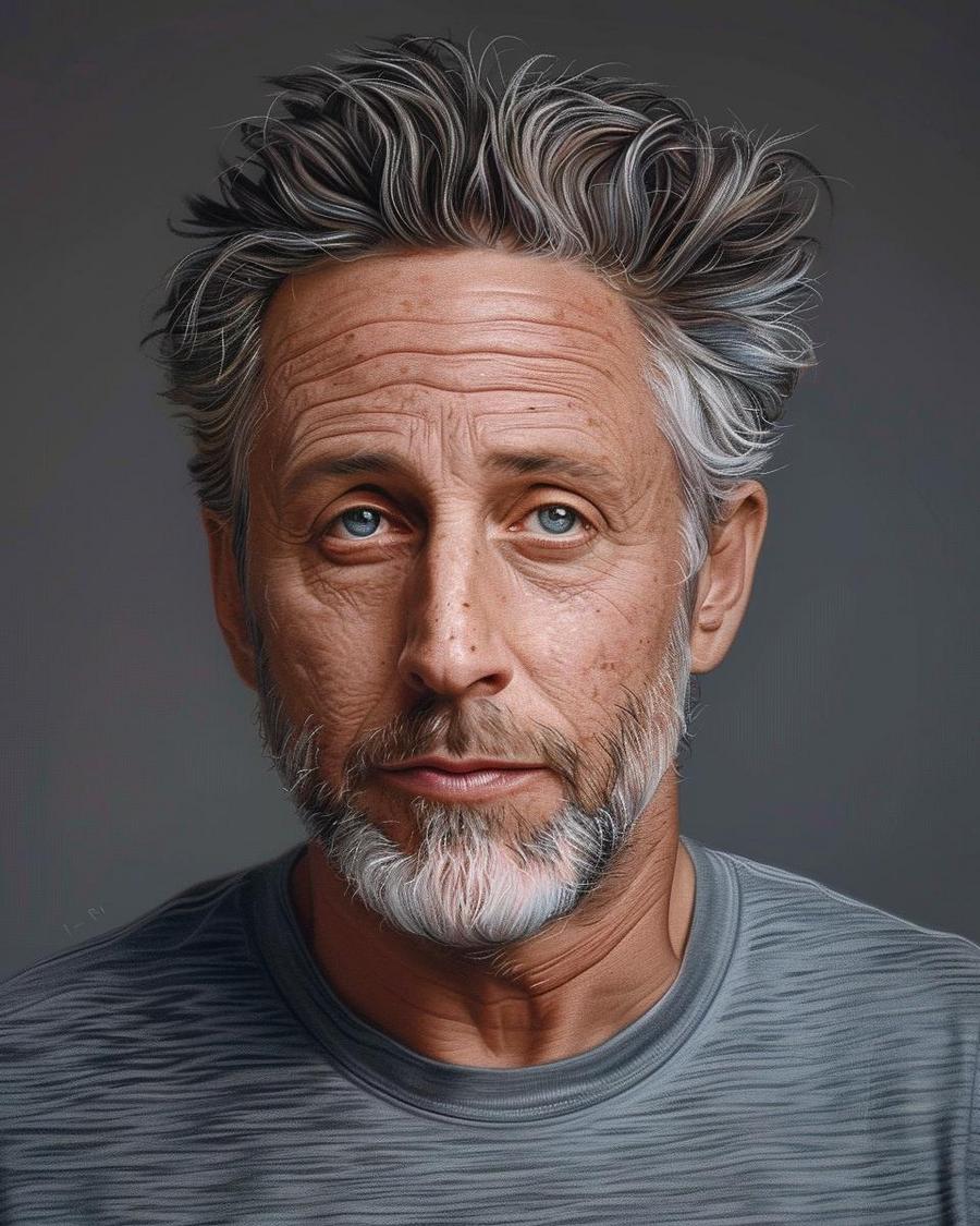 Jon Stewart smiling, chart showcasing growth to a $120 million net worth.