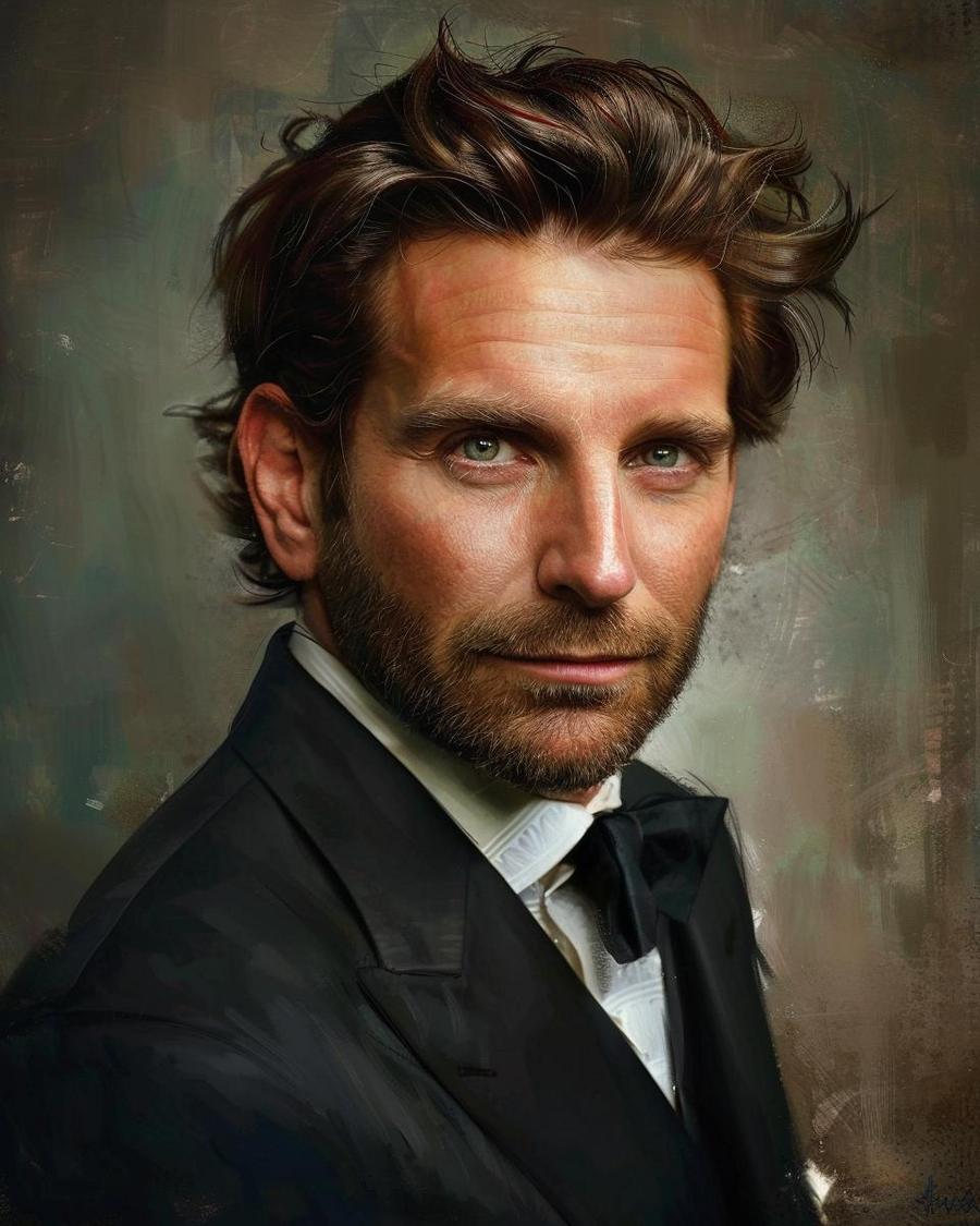 What Are Bradley Cooper's Most Lucrative Projects? Bradley Cooper standing beside a chart showing his net worth from lucrative projects.