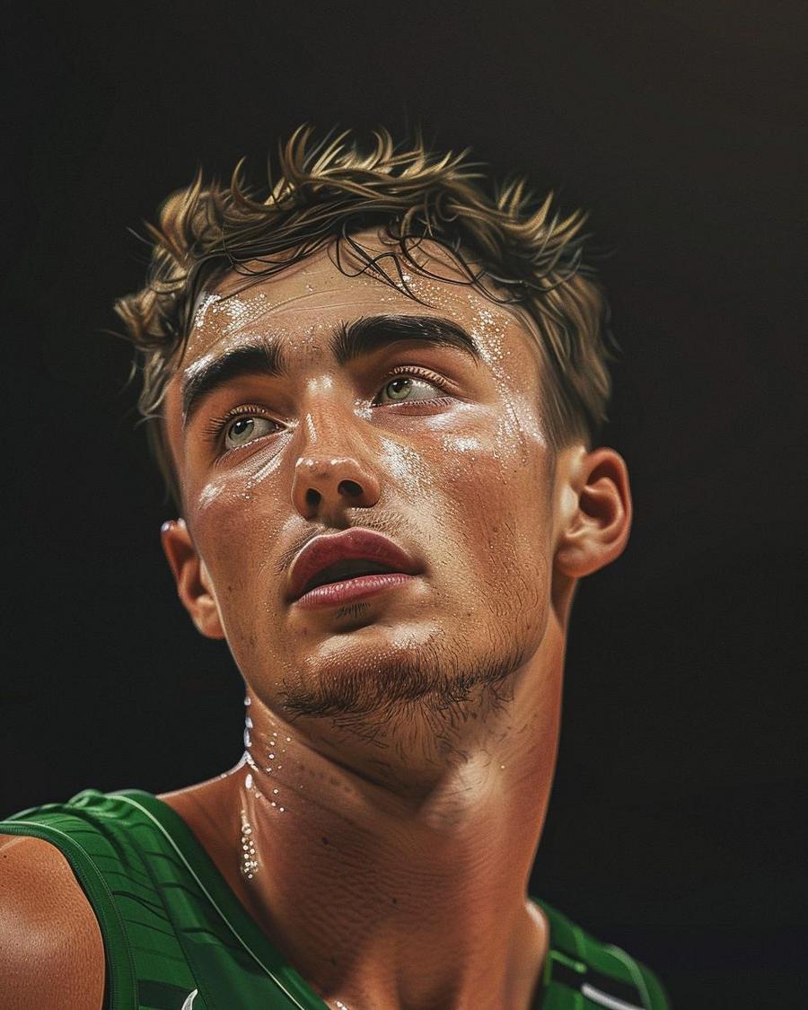 What Are the Key Elements of Payton Pritchard's Current NBA Contract? Payton Pritchard smiling with a graph of key elements impacting his net worth.