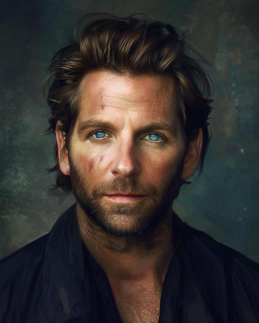 Bradley Cooper standing beside infographic depicting his net worth in millions.