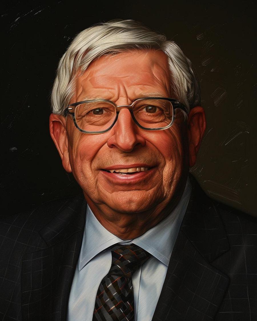 David Stern sitting in office, reflecting on his net worth at time of death.