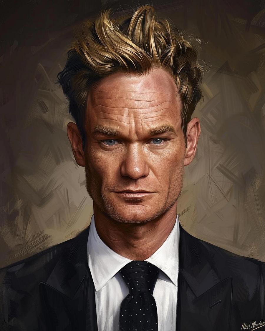 Neil Patrick Harris smiling, visual breakdown of major contributors to his net worth.
