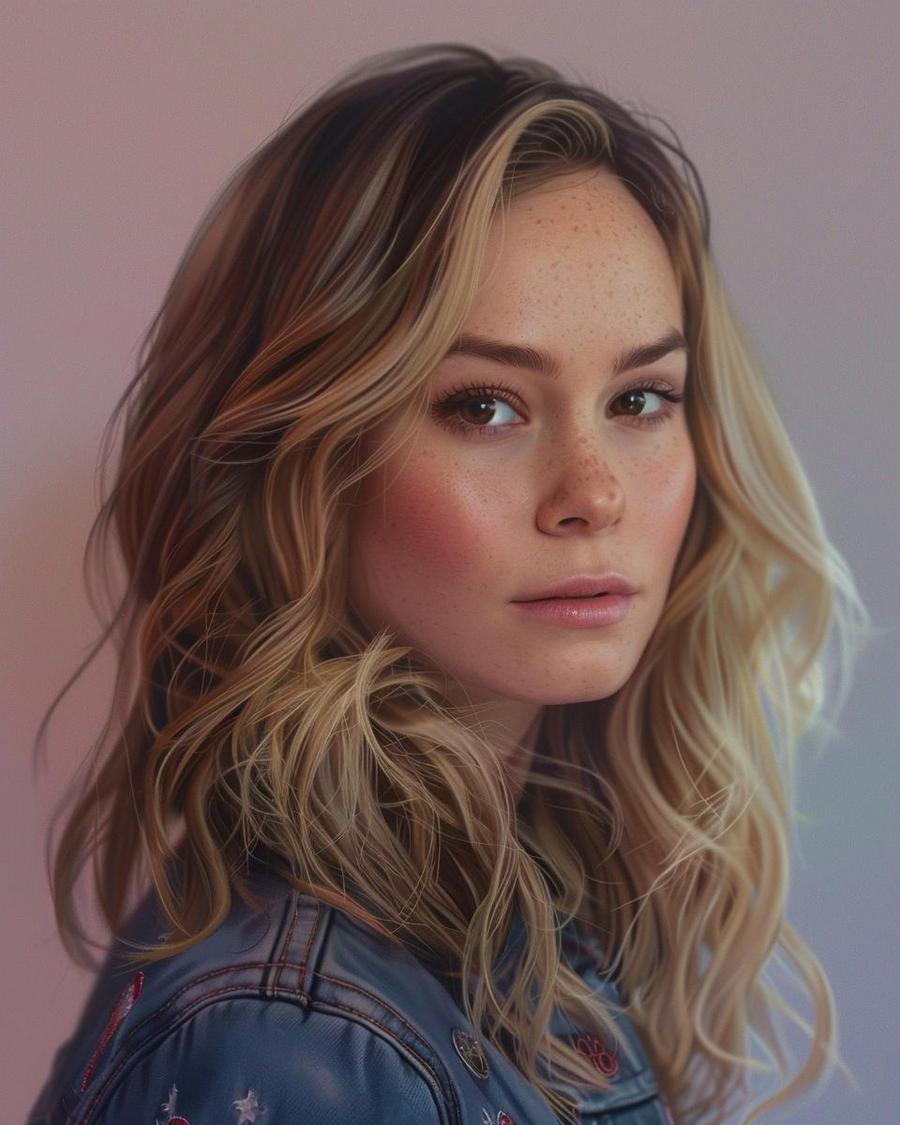 Brie Larson smiling, infographic highlighting her current net worth, career milestones, and achievements.