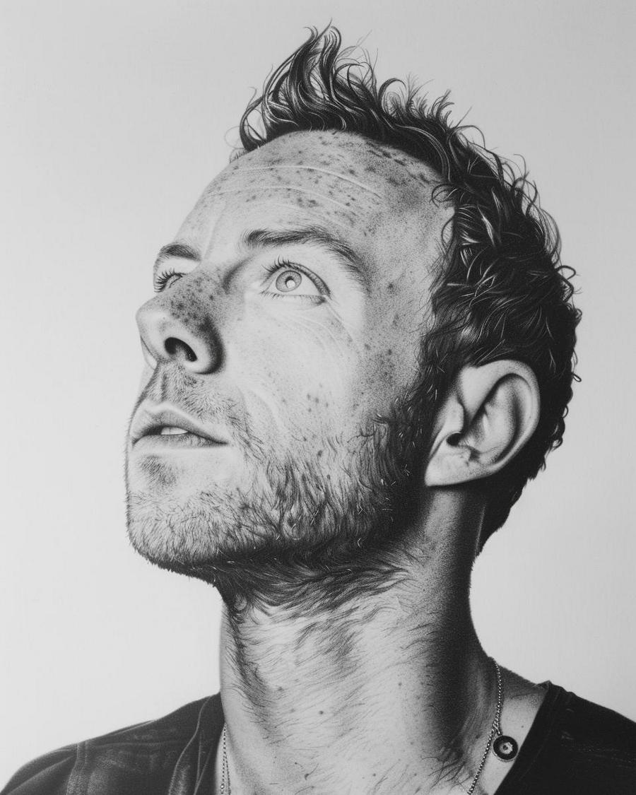 Chris Martin smiling with text overlay about his net worth in 2023