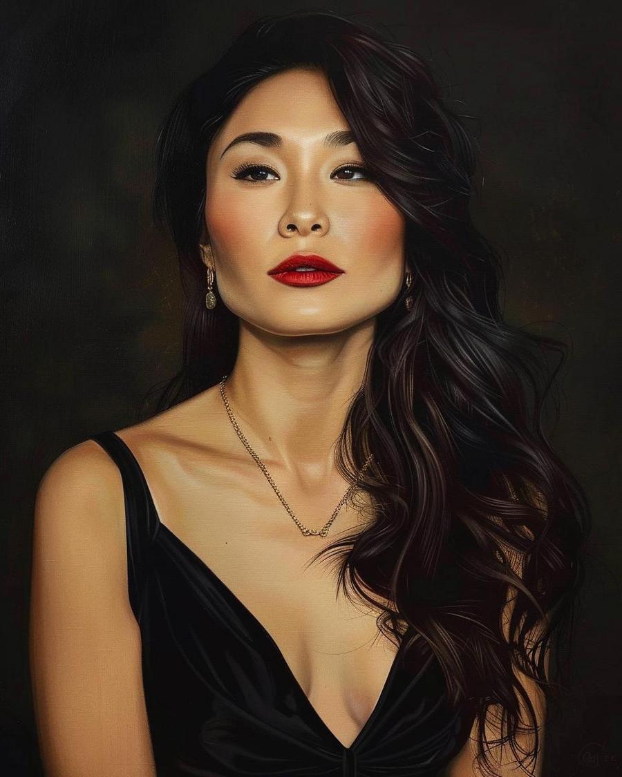 Hong Chau smiling, infographic highlight of Hong Chau net worth in 2023.