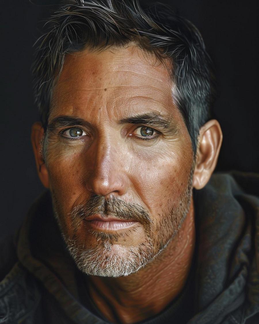 Jim Caviezel smiling, infographic highlighting his net worth trend, in casual attire.