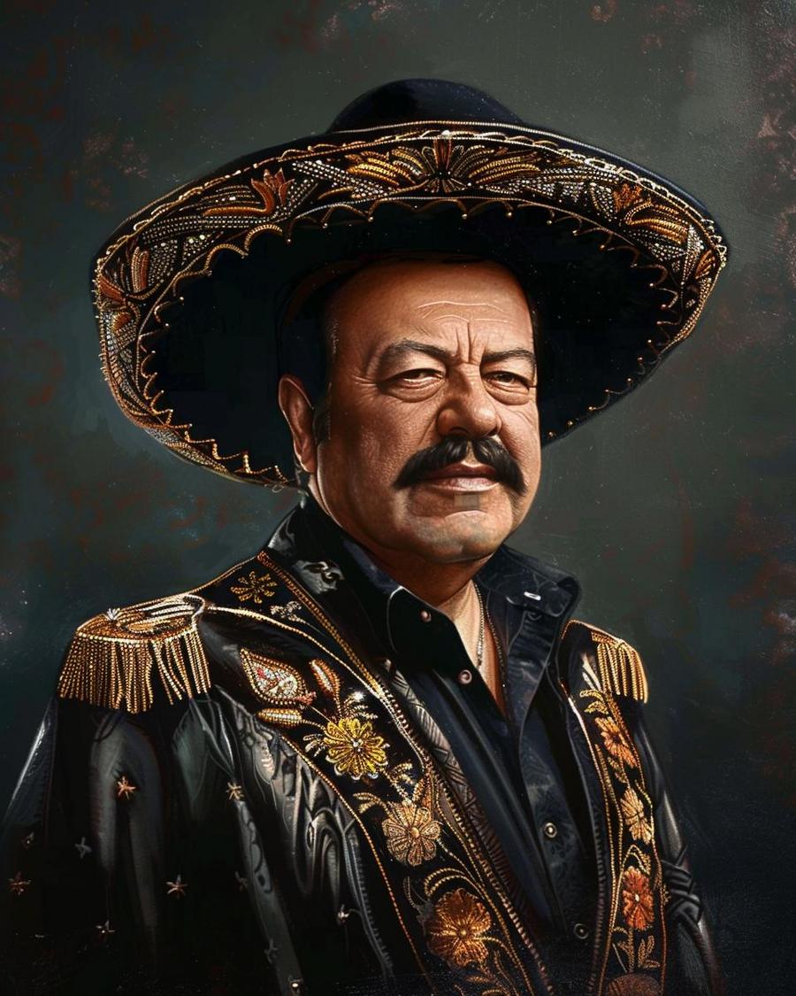 Pepe Aguilar standing next to his awards, highlighting his net worth growth.