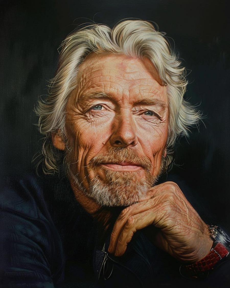 Richard Branson smiling, infographic showing latest updates on Richard Branson's net worth.