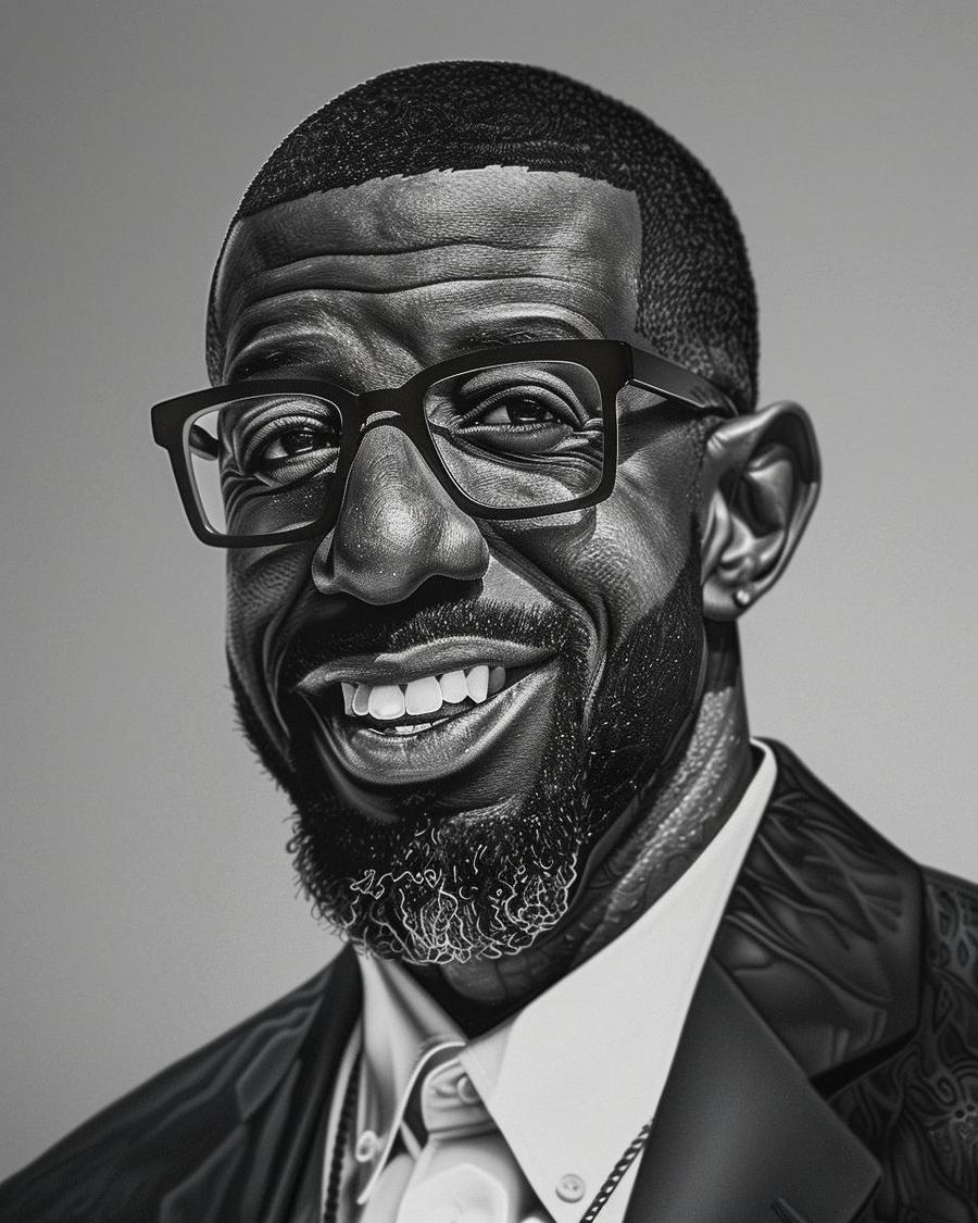 Rickey Smiley standing next to a graph representing his net worth increase in 2024.