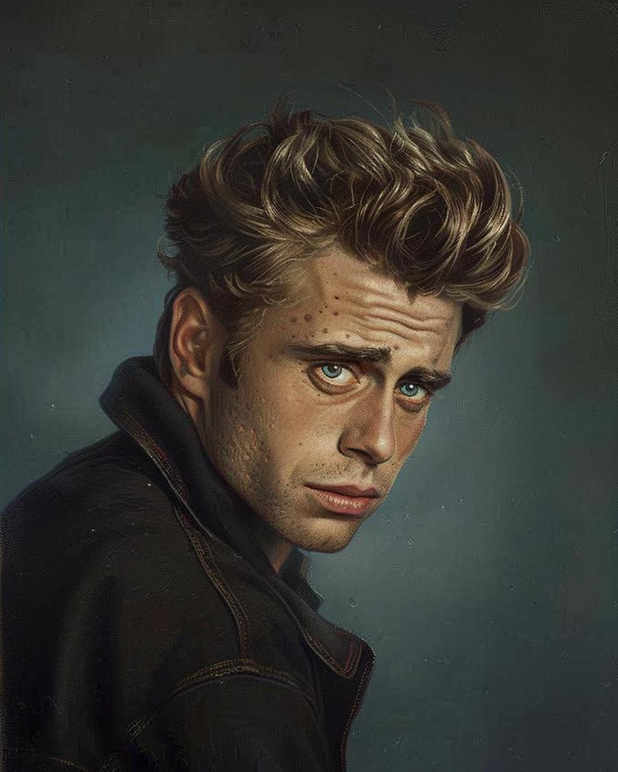 James Dean posing in a black leather jacket, referencing James Dean net worth.