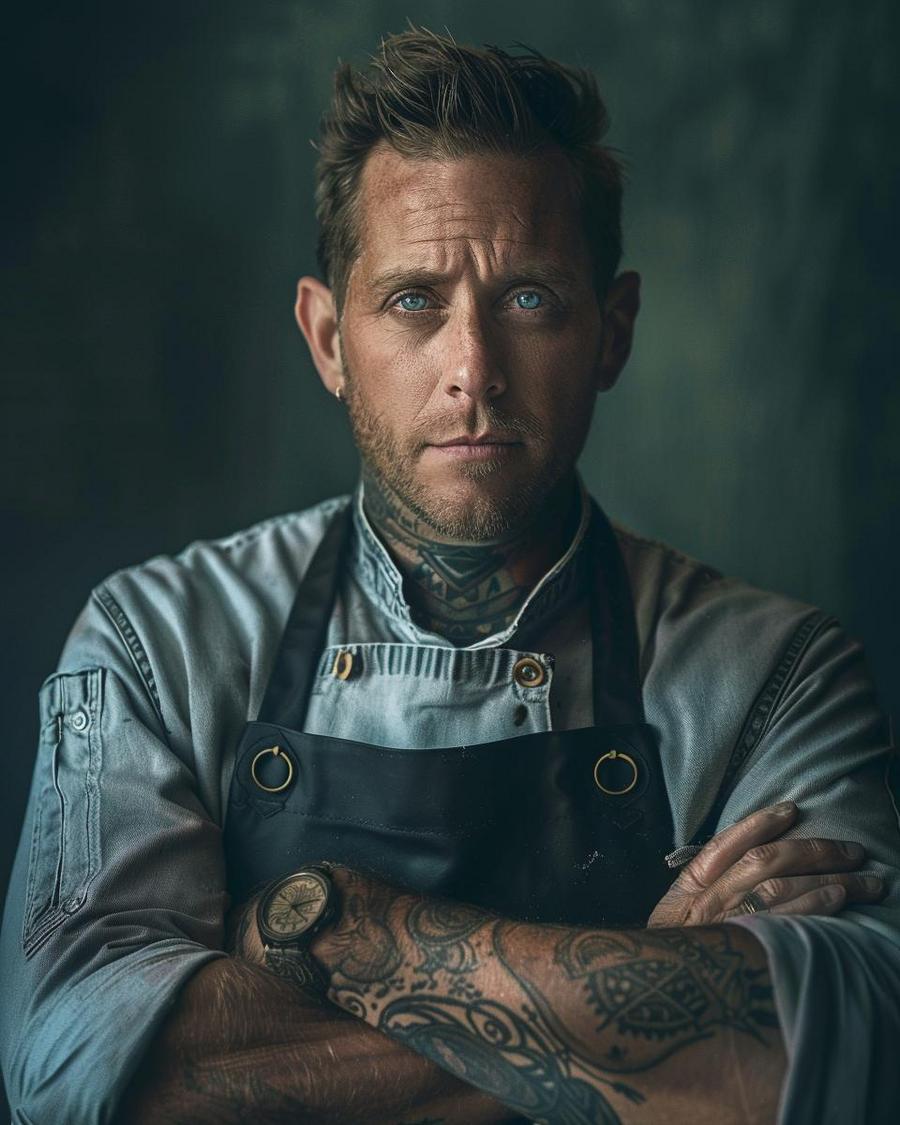 How did Bryan Voltaggio build his culinary empire? Bryan Voltaggio smiling in kitchen, reflecting on bryan voltaggio net worth and culinary success