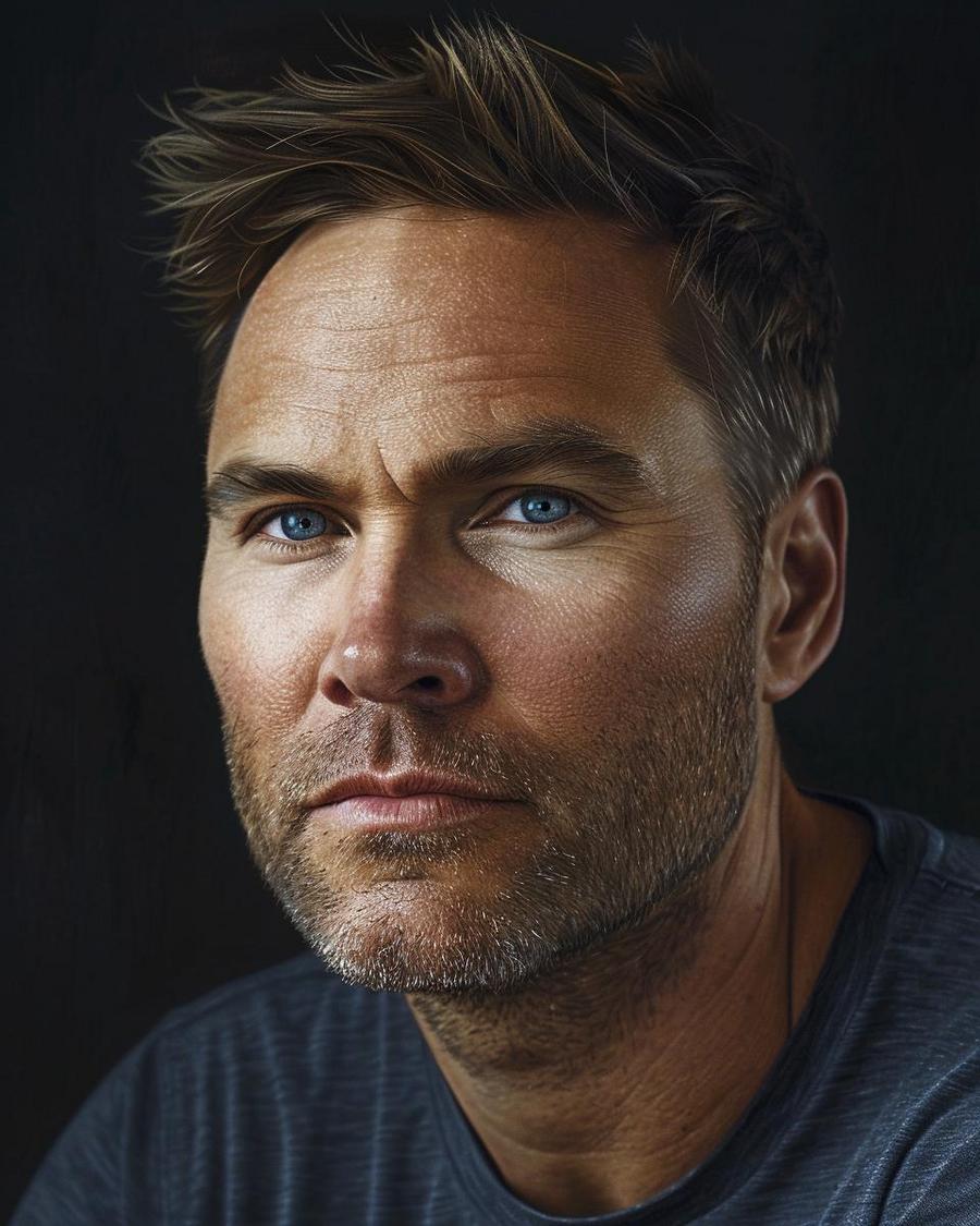 Scott Porter net worth: Actor posing against a cityscape backdrop, dressed in casual attire.
